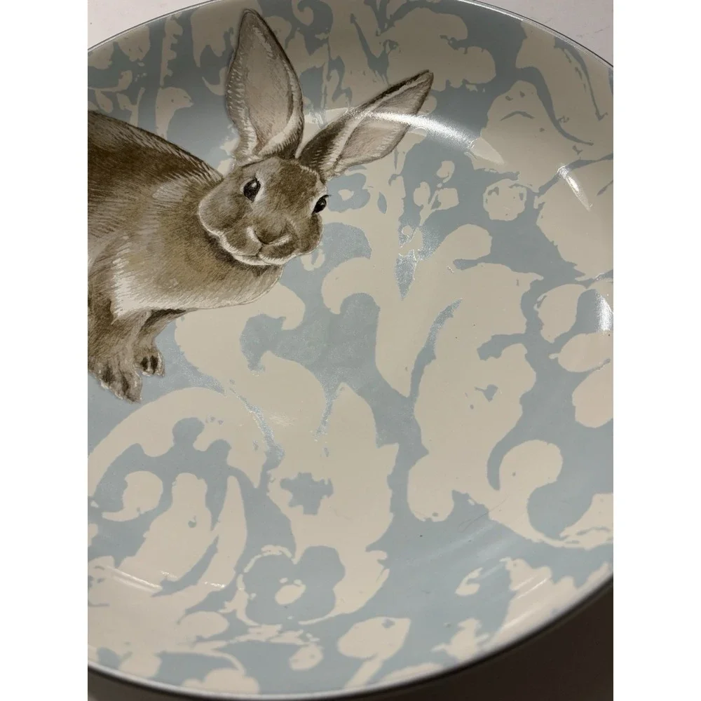 Williams Sonoma Damask Easter Bunny Large Round 3 Qt 12 3/4 Serving Bowl Lt Blue